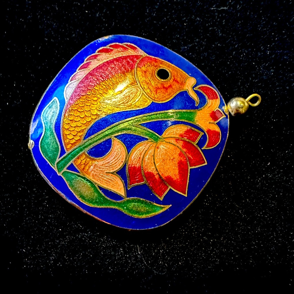 Vintage Cloisonné Koi Fish Pendant Vibrant Blue